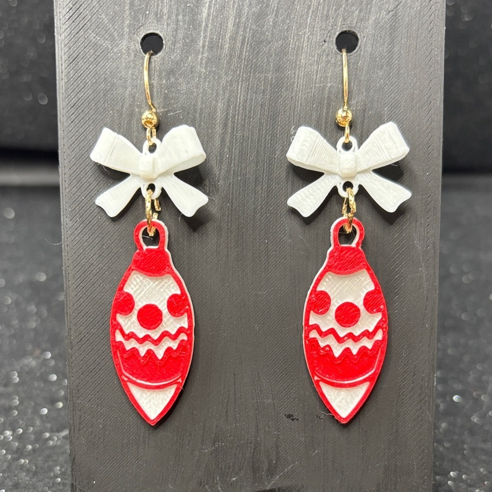 Red and White Bow Christmas Ornament Earrings